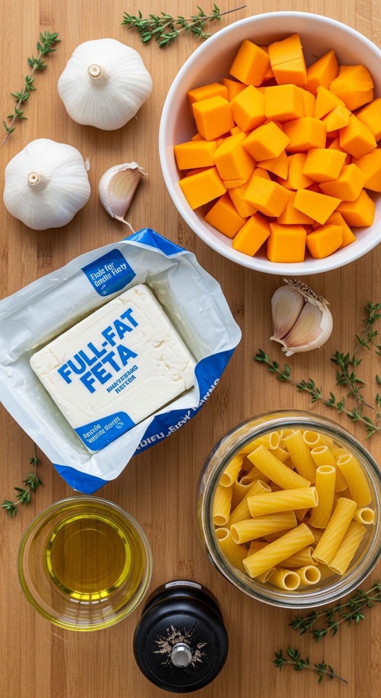  Ingredient Setup for Squash Feta Pasta