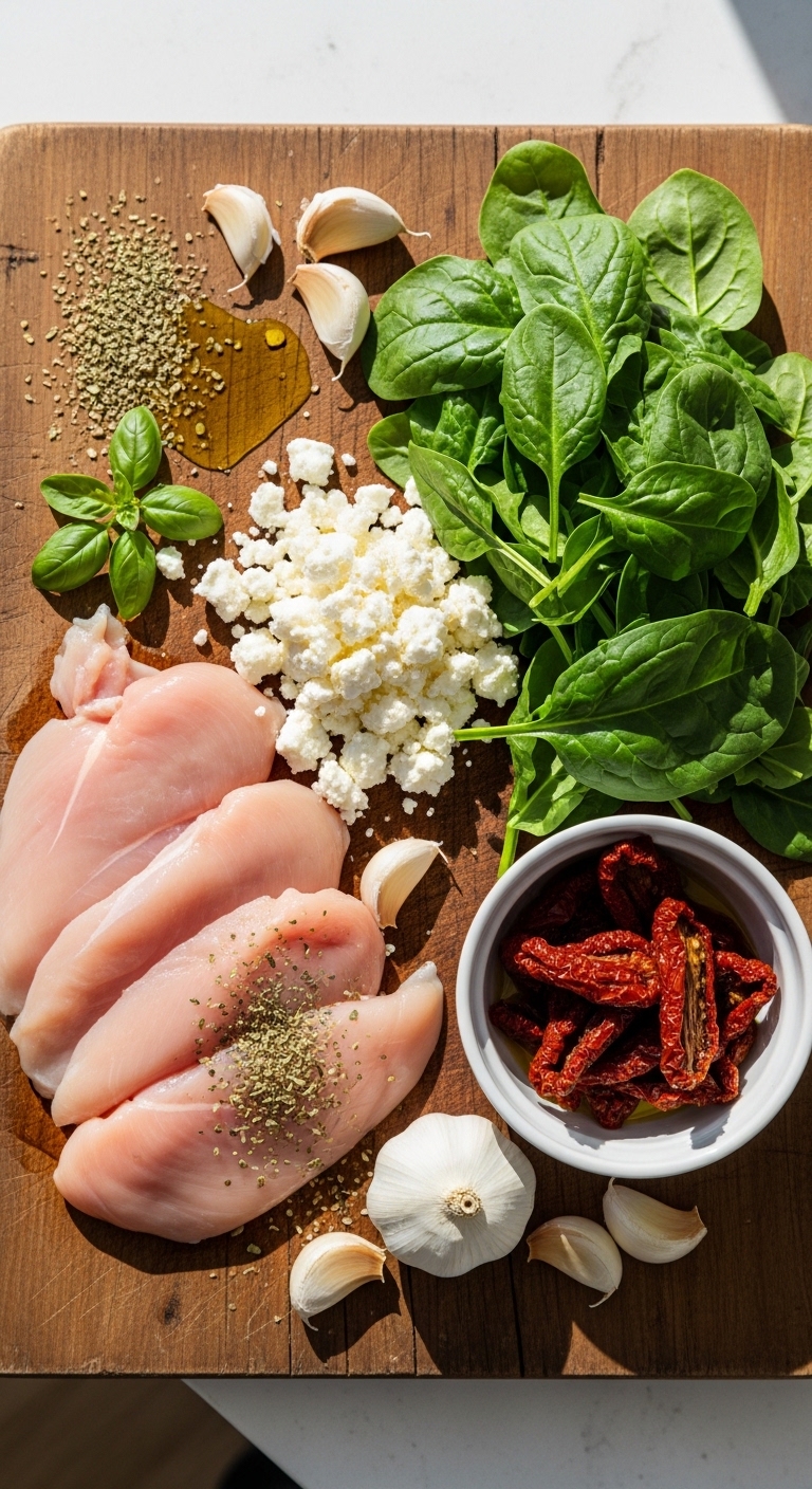 Ingredients Prep for Rolled Chicken Feta Spinach Sun Dried Tomatoes