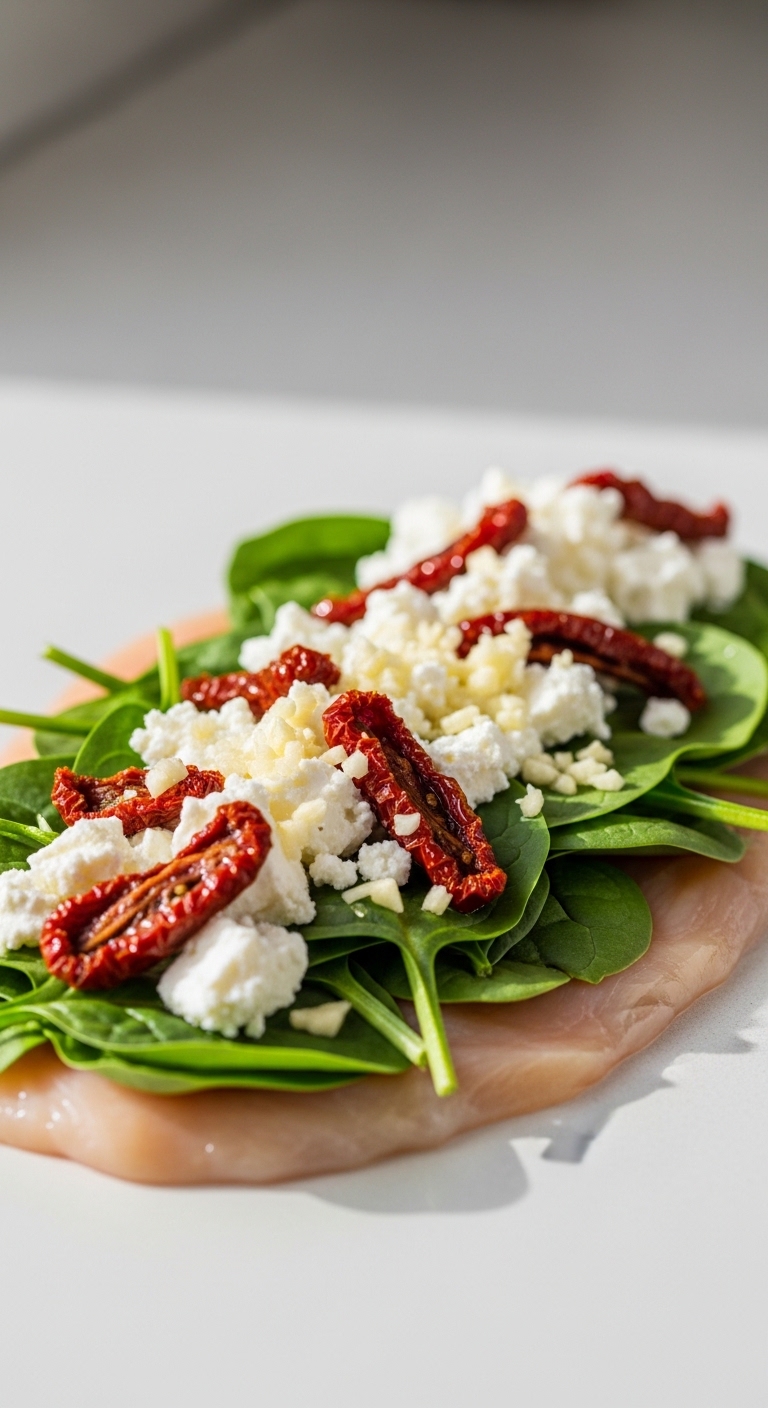 Layering Spinach, Feta, and Sun-Dried Tomatoes in Chicken Rolls