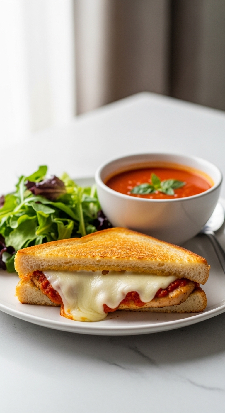 Lazy Chicken Parmesan Grilled Cheese with Tomato Soup and Salad