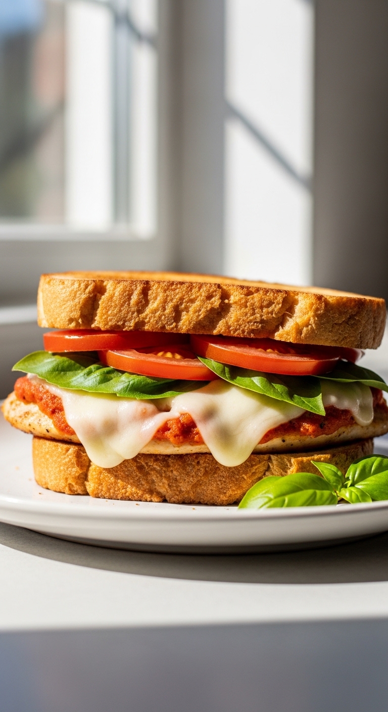 Lazy Chicken Parmesan Grilled Cheese with Tomato and Basil