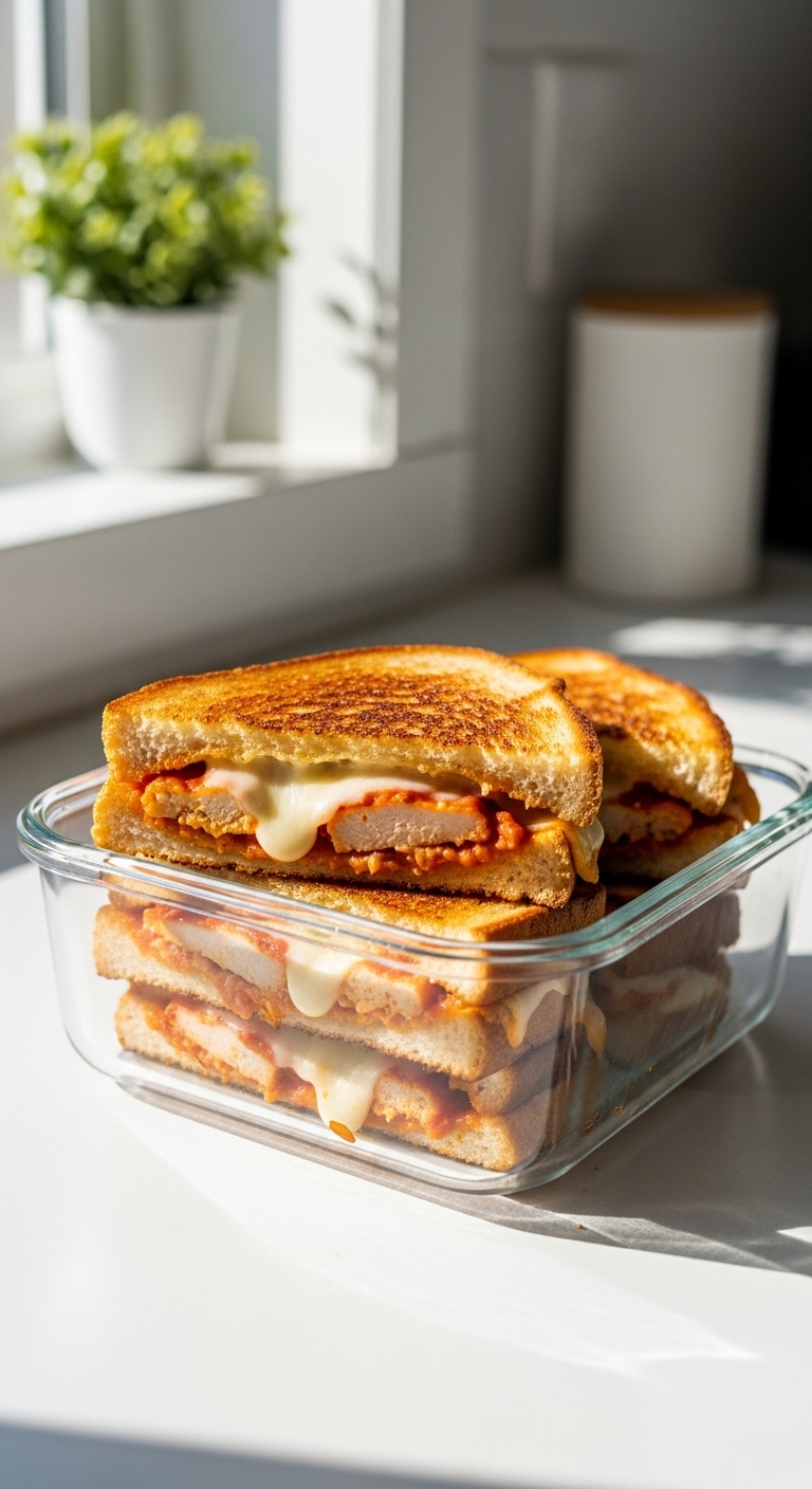 Leftover Lazy Chicken Parmesan Grilled Cheese in Glass Container