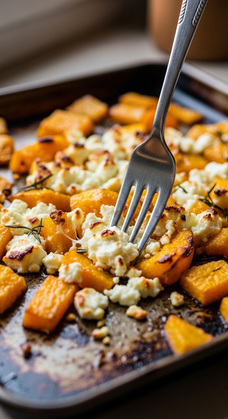 Mashing Roasted Feta and Squash