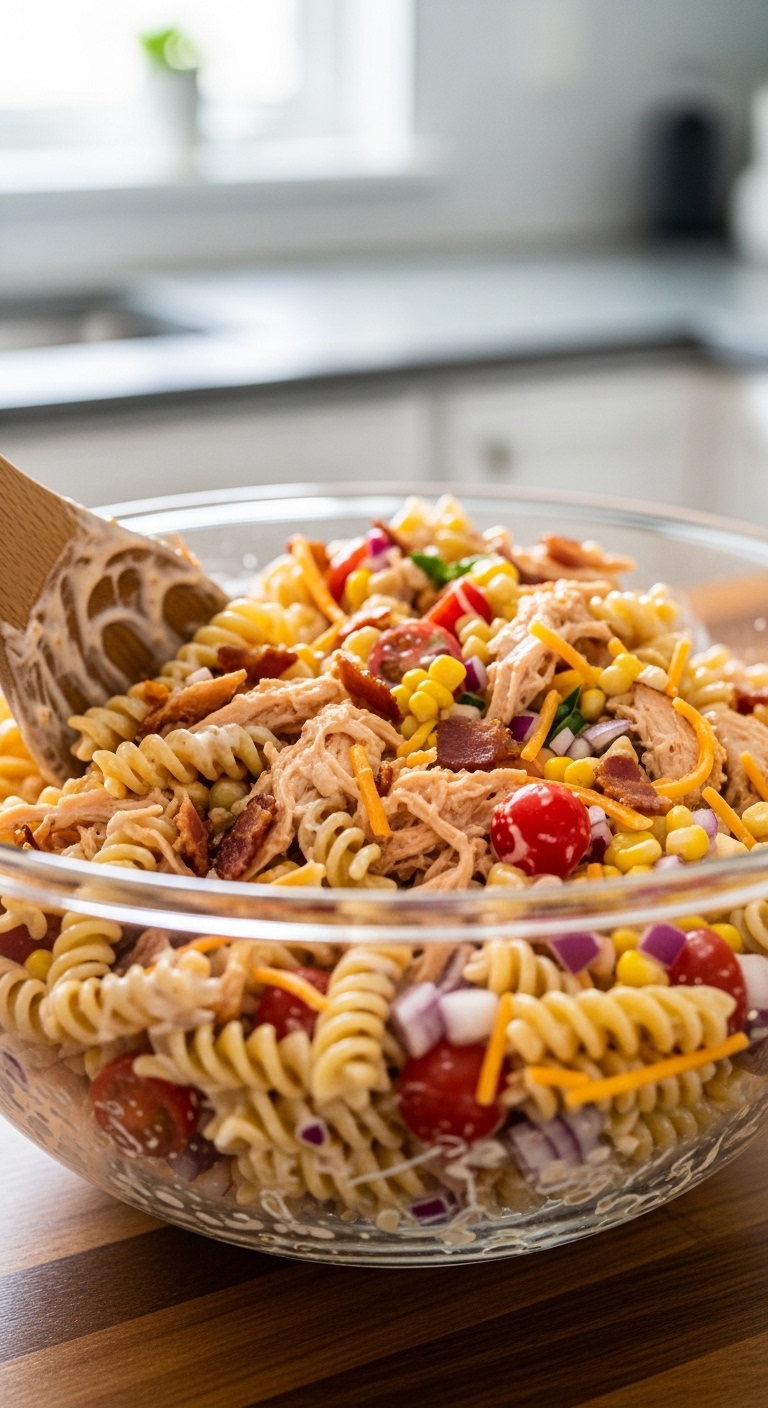 Mixing BBQ Chicken Ranch Pasta Salad in Large Bowl