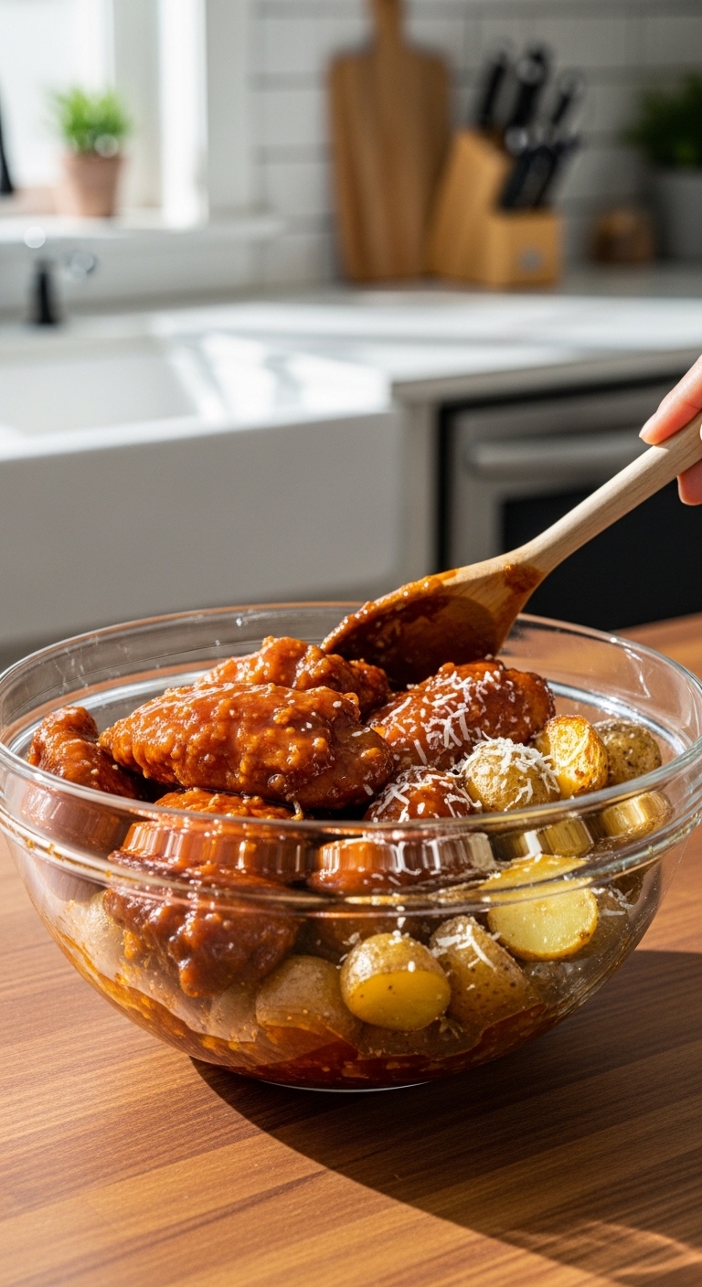 Mixing Honey BBQ Chicken with Roasted Potatoes