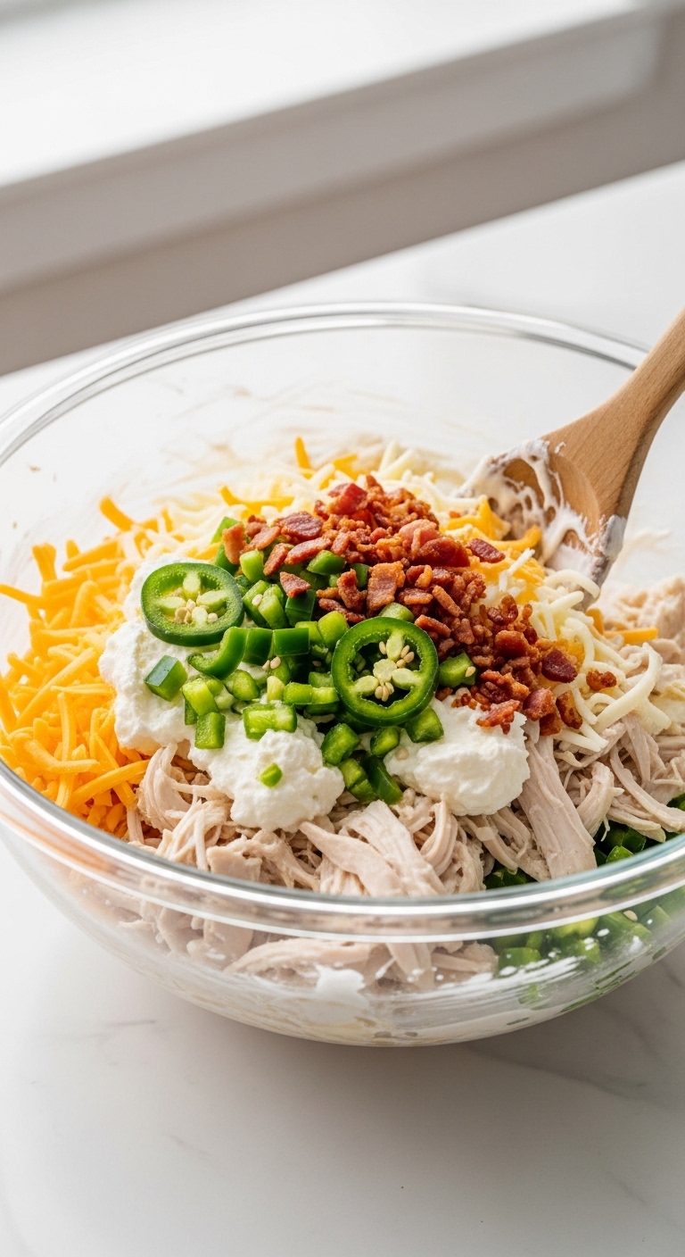 Mixing Jalapeno Popper Chicken Casserole Filling