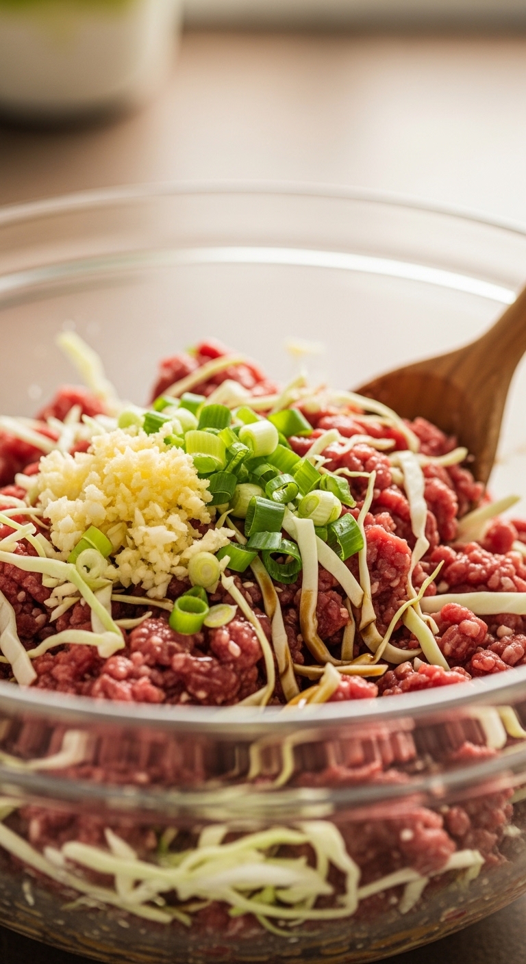 Mixing Spicy Beef Dumpling Filling Close-Up