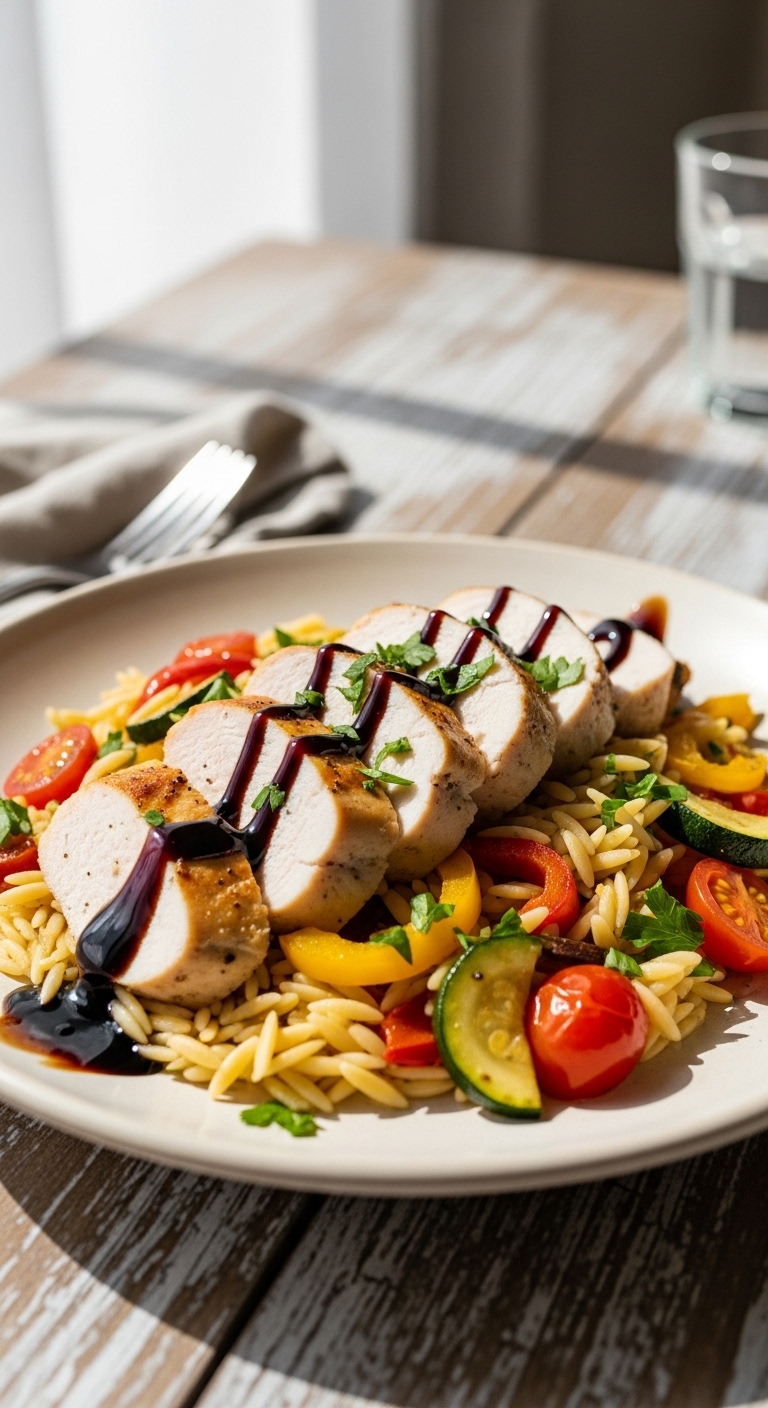 Plated Balsamic Chicken Veggie Orzo