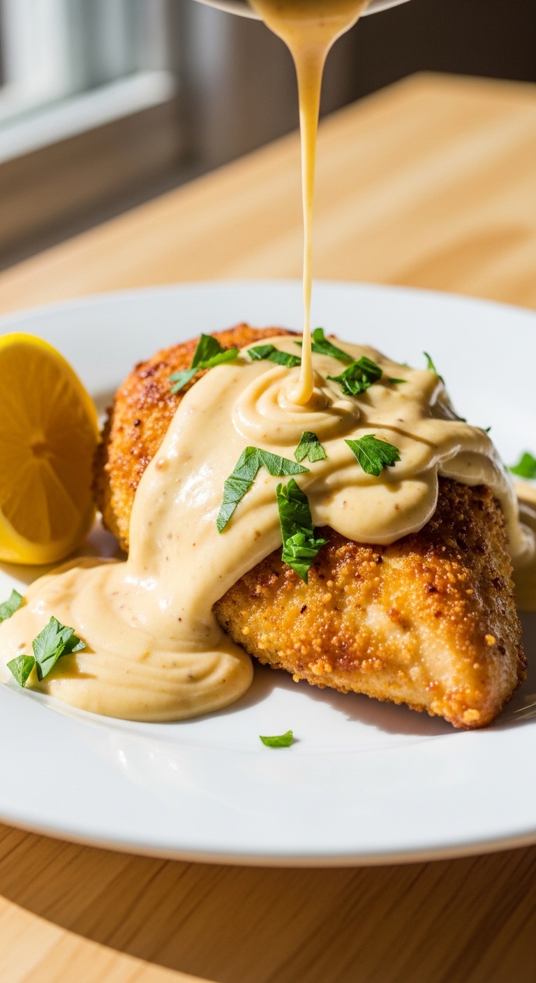 Plated Pretzel Crusted Chicken with Mustard Cheddar Sauce