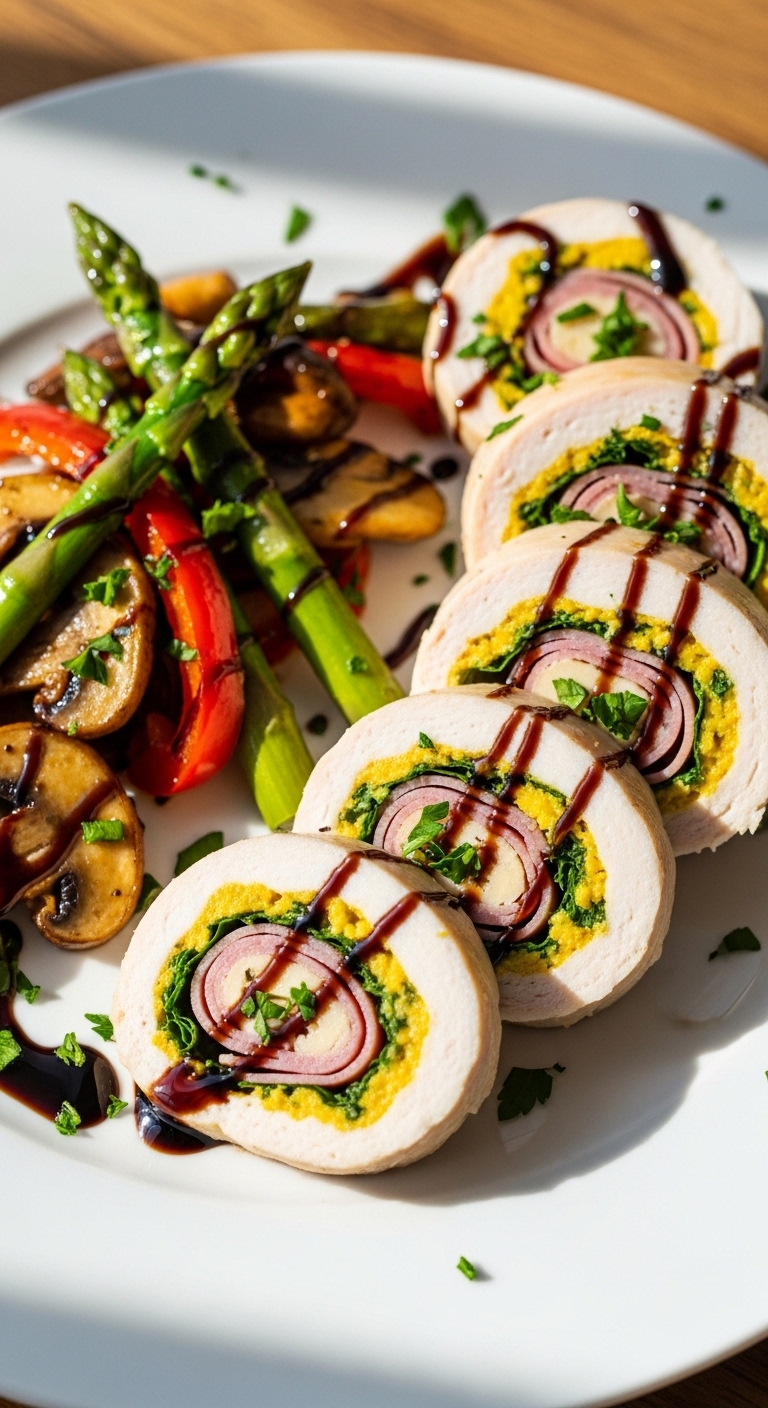 Plated Rolled Chicken Feta Spinach Sun Dried Tomatoes