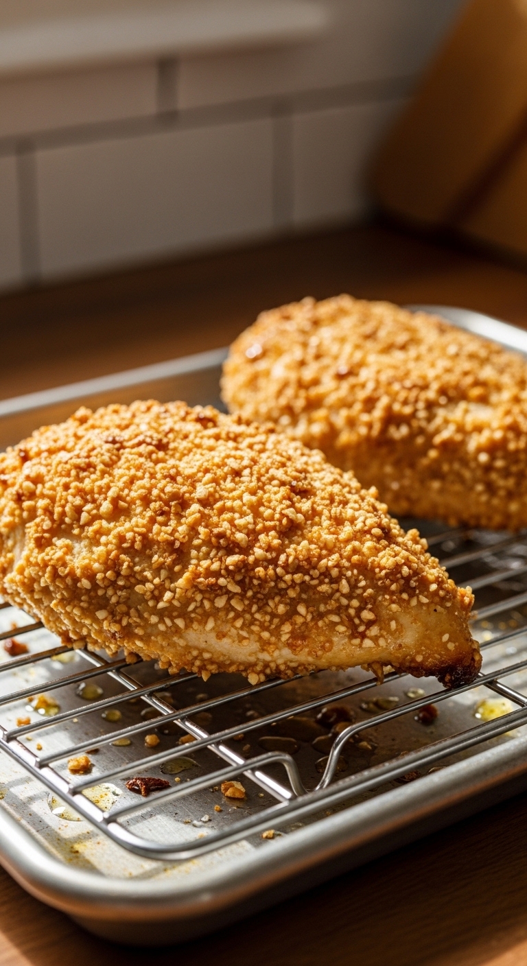Pretzel Crusted Chicken Baking on Wire Rack at Home