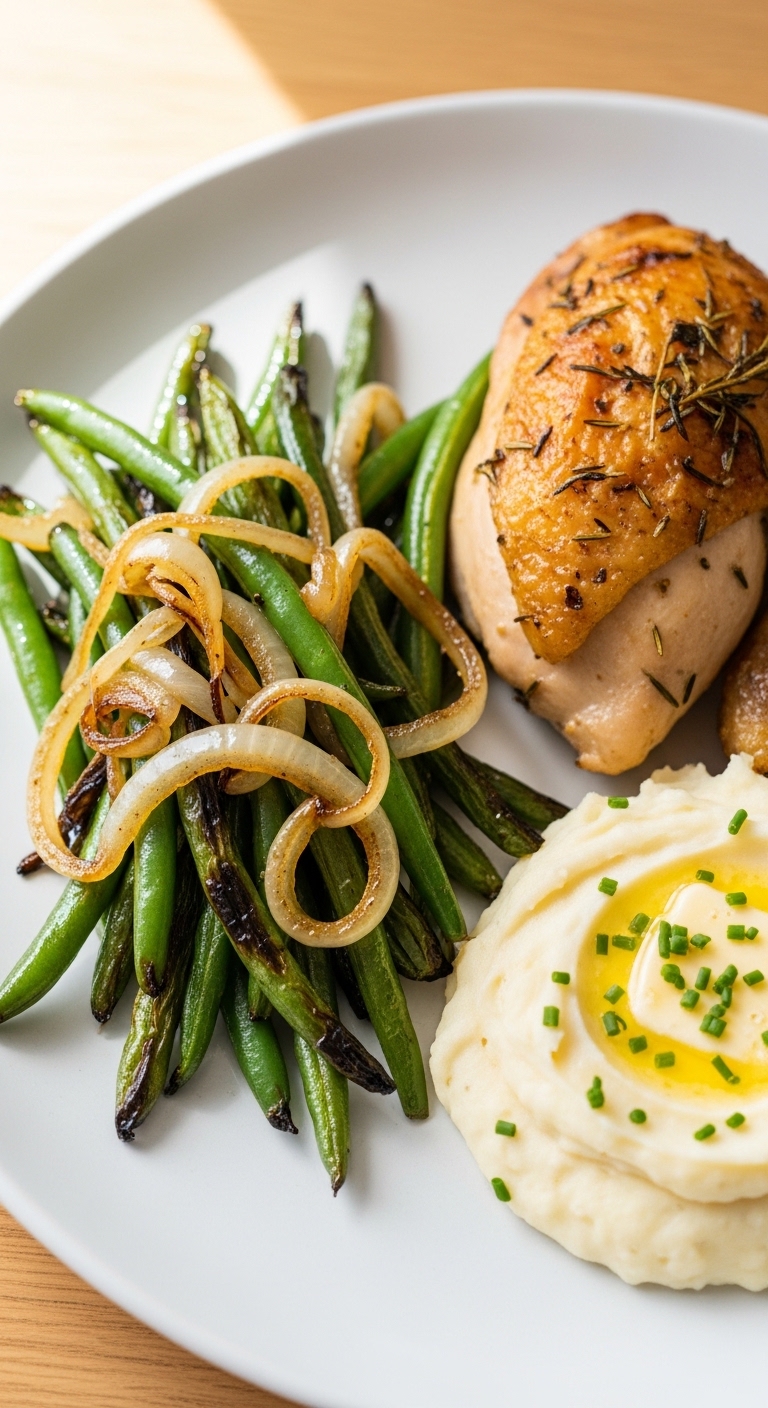 Roasted Green Beans with Caramelized Onions Served