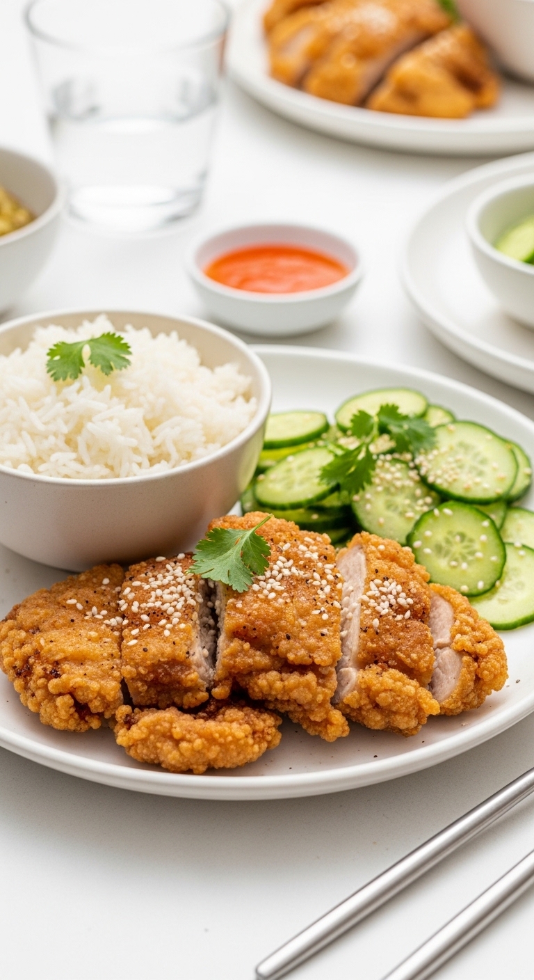 Salt and Pepper Chicken Served with Rice and Fresh Sides