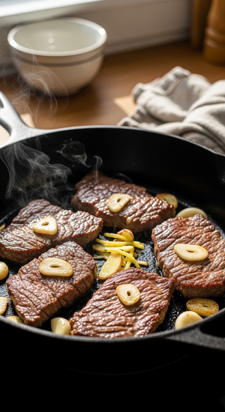 Searing Beef and Aromatics in Pan