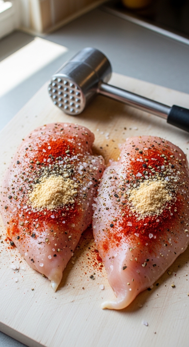 Seasoned Chicken Breasts on Cutting Board