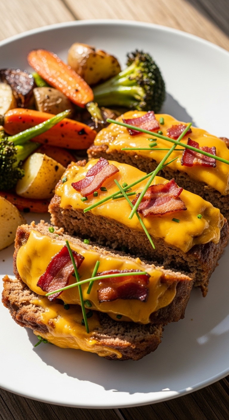 Sliced Homemade Loaded Potato Meatloaf on Plate