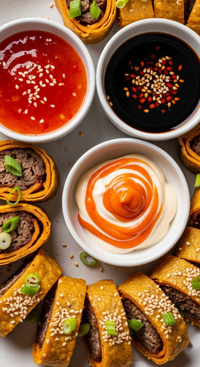 Spicy Beef Dumpling Rolls with Dipping Sauces Close-Up