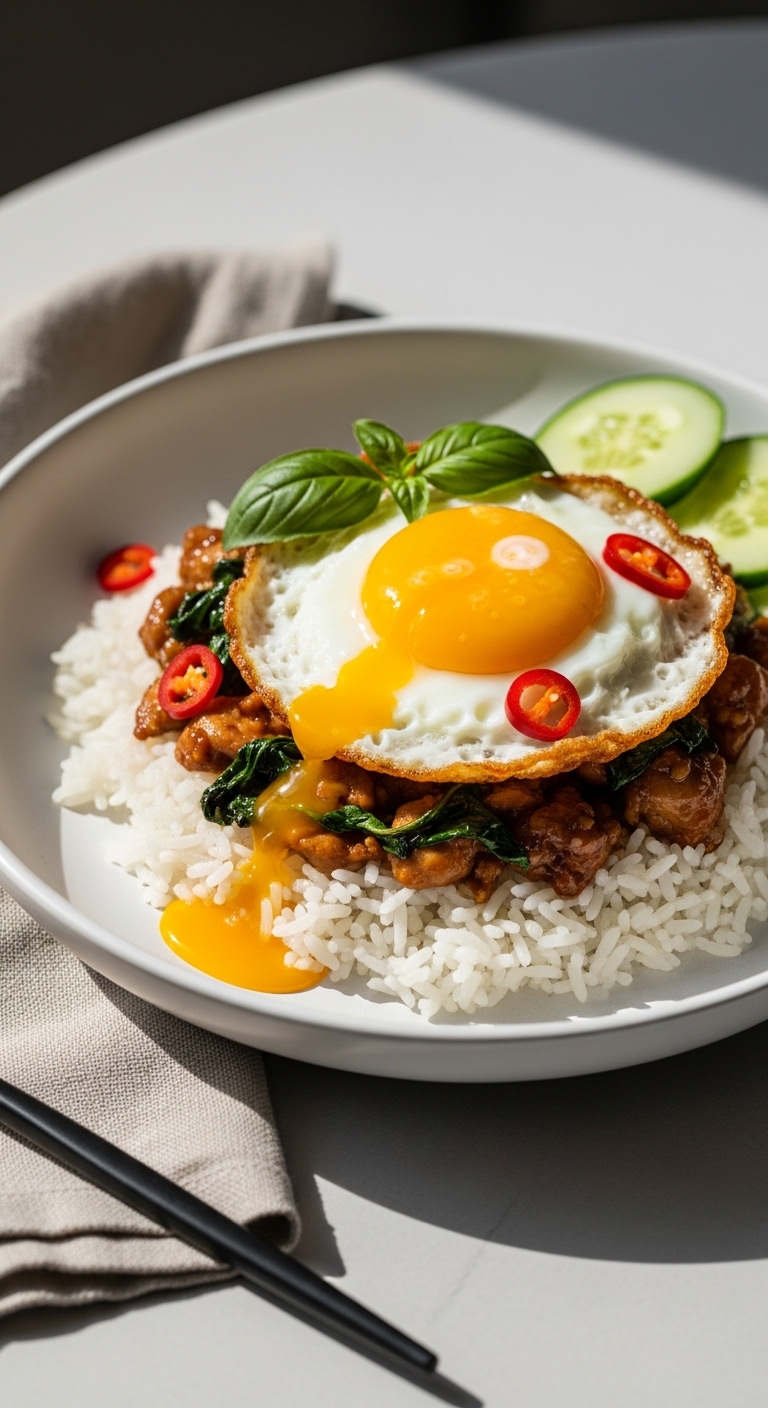 Thai Basil Chicken Rice Bowl with Fried Egg 