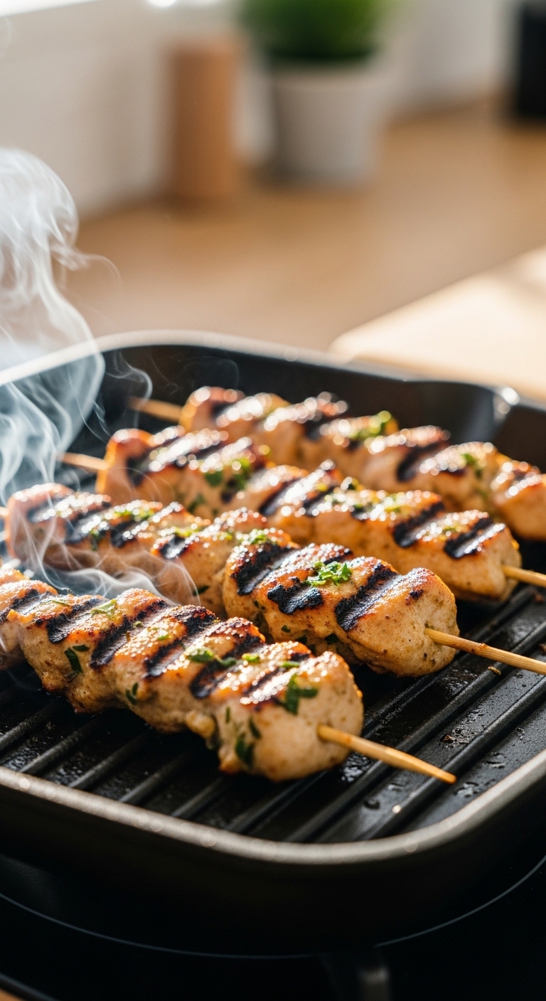 Thai chicken skewers cooking on a grill pan