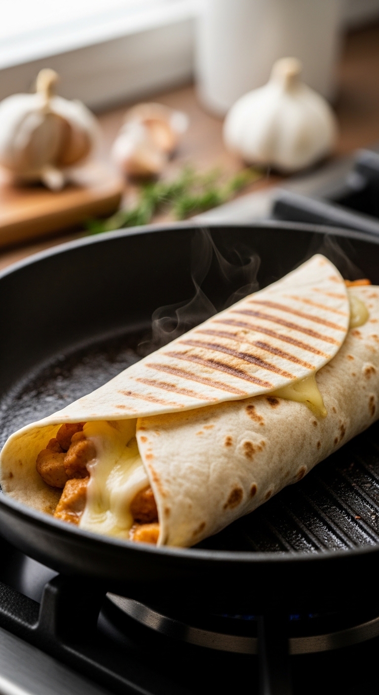 Toasting a Cheesy Chicken Garlic Wrap in Skillet