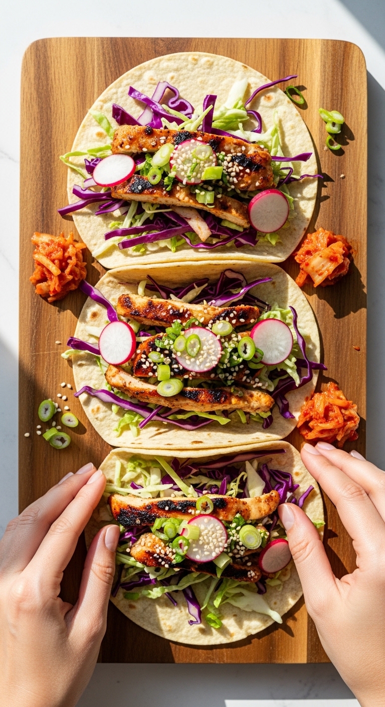 assembling Korean BBQ chicken tacos 