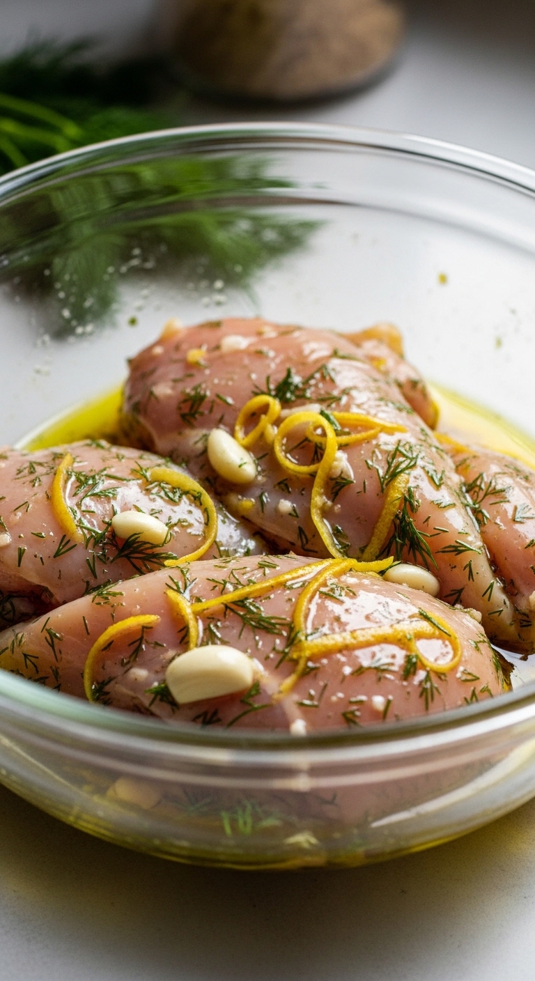 chicken marinating in lemon, dill, and garlic