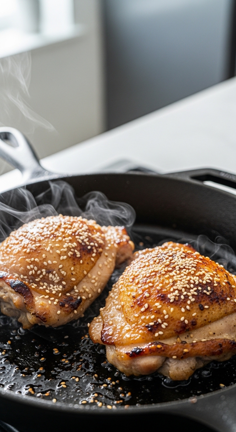 chicken thighs searing in a hot cast-iron skillet