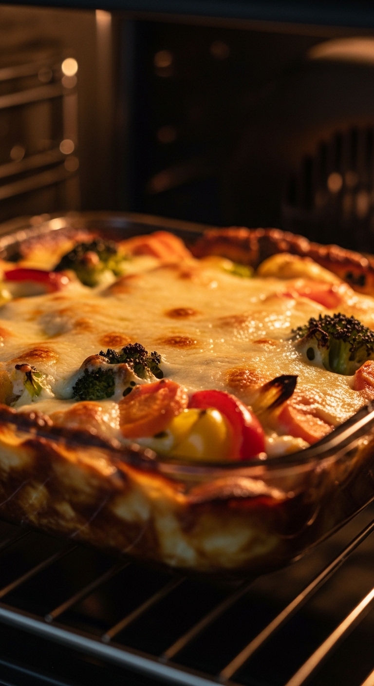 close-up of casserole in oven