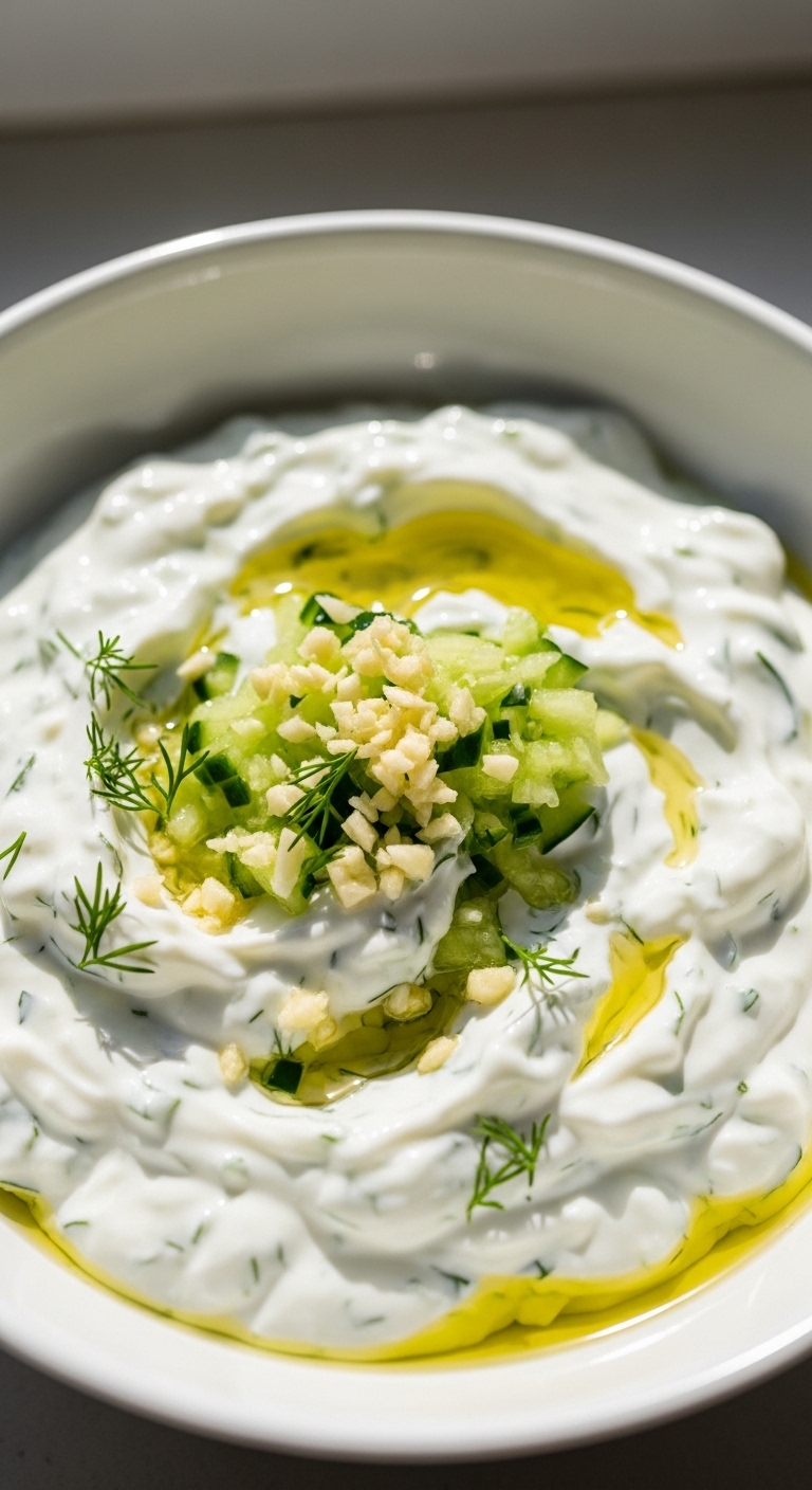creamy tzatziki sauce in a white bowl