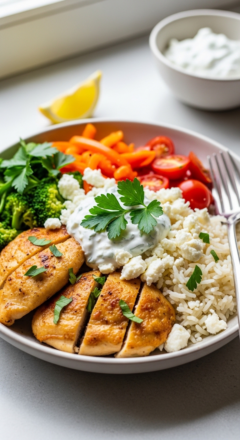 finished Mediterranean Lemon Dill Chicken Bowl ready to serve