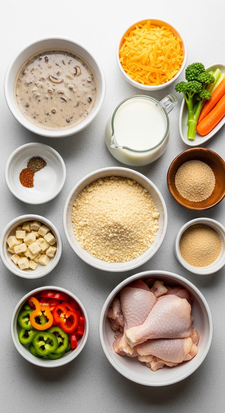 overhead flat lay of casserole ingredients arranged