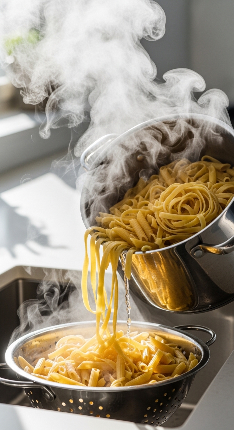 penne pasta being drained

