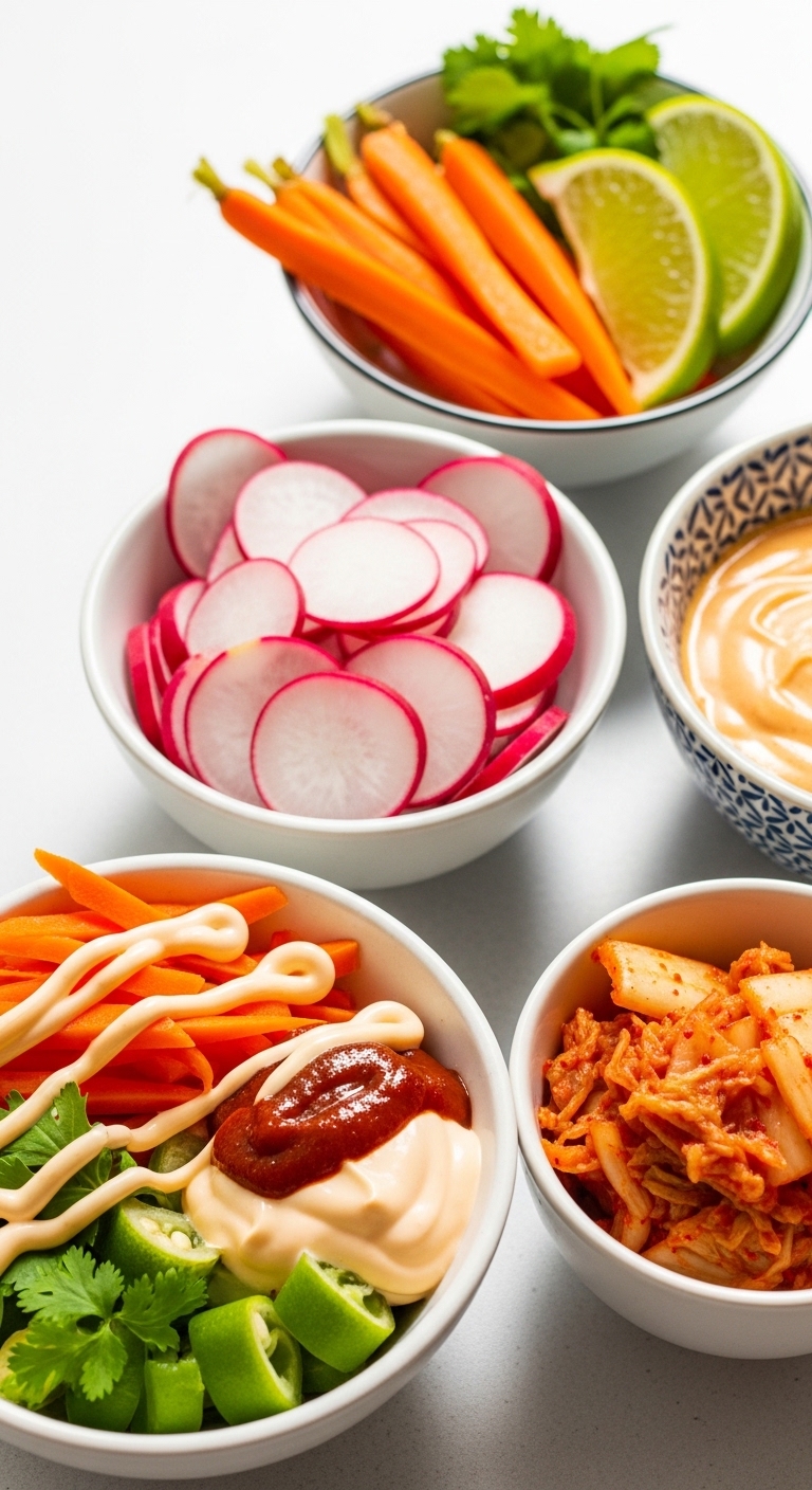small bowls of add-ons for Korean BBQ chicken tacos